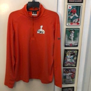 Super Bowl XLIX 49 Nike Dri-Fit Orange 1/4 zip Pullover Patriots vs Seahawks M